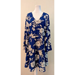 Studio B by Bobeau sz L Fit & Flare Dress long flared sleeves blue floral Z4